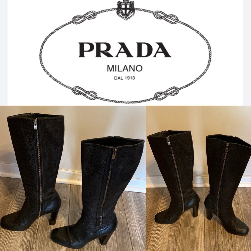 Prada Milano black leather heeled boots size 37